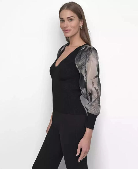 DKNY Women's Black Printed Organza-Sleeve V-Neck Blouse |DKNY In Lebanon