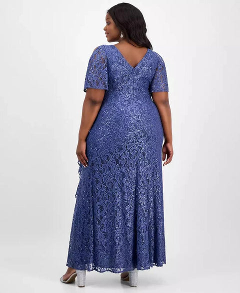 Alex Evenings Women’s Dusty Blue Plus Size V-Neck Ruffle-Trim-Slit Sequin Dress|Alex Evenings In Lebanon