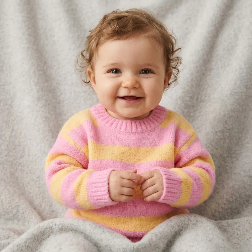 A smiling baby wearing a pink and yellow striped knit sweater, sitting on a soft gray blanket.