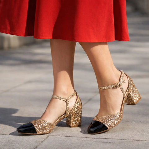 On 34th Women's Gold & Black Dotti Captoe Heeled Sandal  | On 34th In Lebanon