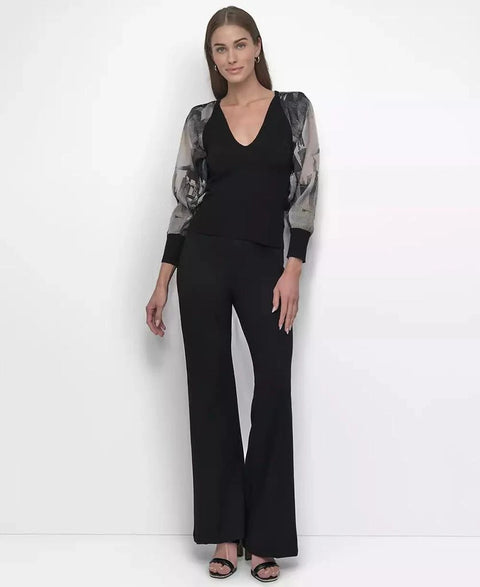 DKNY Women's Black Printed Organza-Sleeve V-Neck Blouse |DKNY In Lebanon