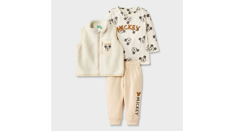 Disney  Baby Boy's Off White 3pc Disney Mickey Mouse Long Sleeve Shirt with Cozy Zip-Up Vest & Bottom Set  | Disney  in Lebanon