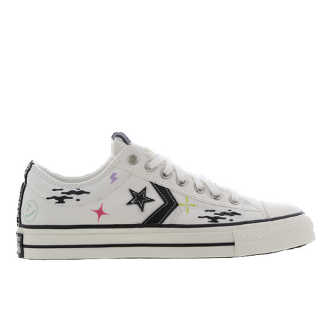 White sneaker with black star design and colorful accents on a white background