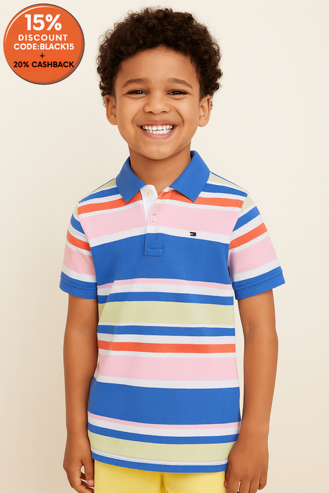 Tommy Hilfiger Boy's Blue Striped Signature Logo Polo Shirt |Tommy Hilfiger In Lebanon
