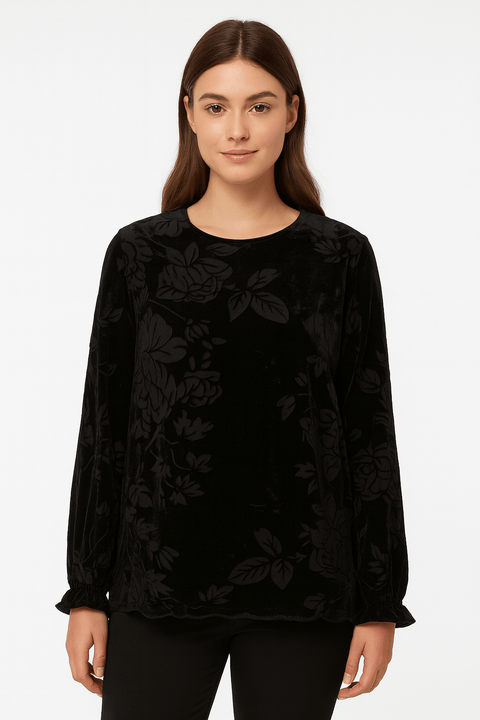 Zabaione Women's Black Velvet Floral Sheer-ish Blouse | Zabaione In Lebanon