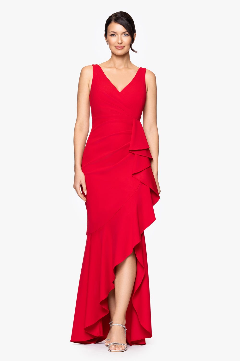 Betsy & Adam Women's Red Long V-Neck HI Low Cascade Gown Dress|Betsy & Adam In Lebanon