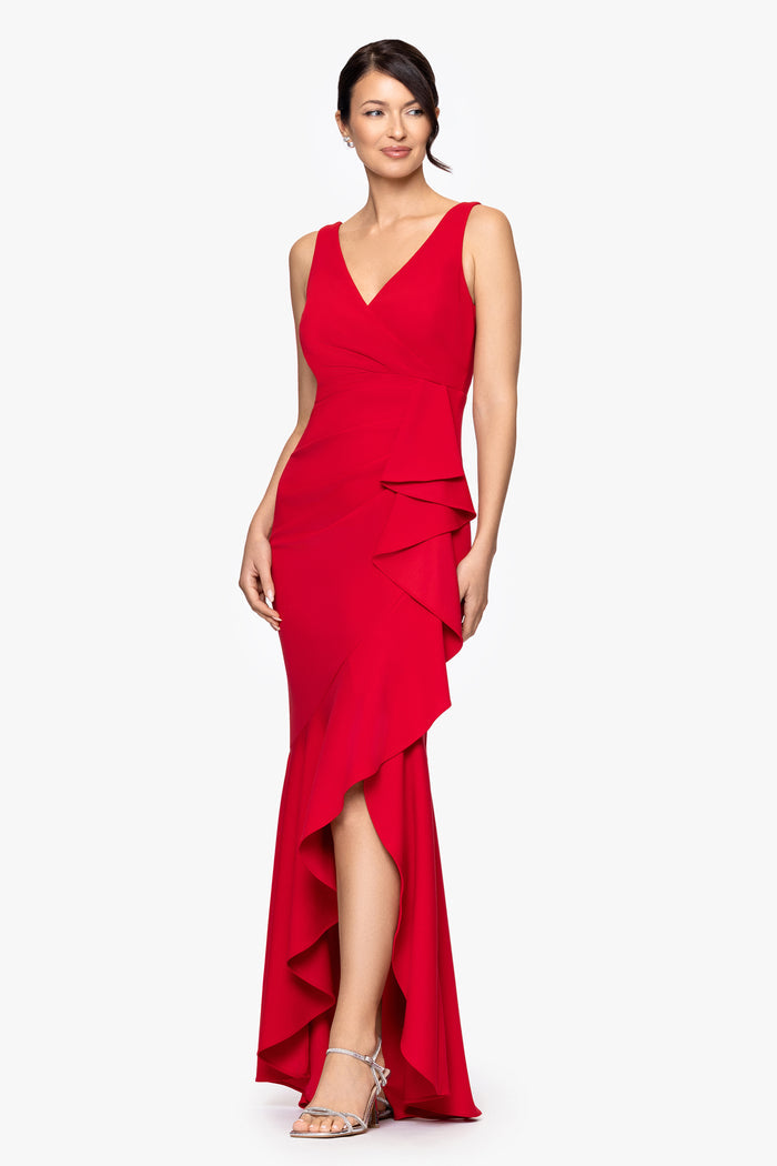 Betsy & Adam Women's Red Long V-Neck HI Low Cascade Gown Dress|Betsy & Adam In Lebanon