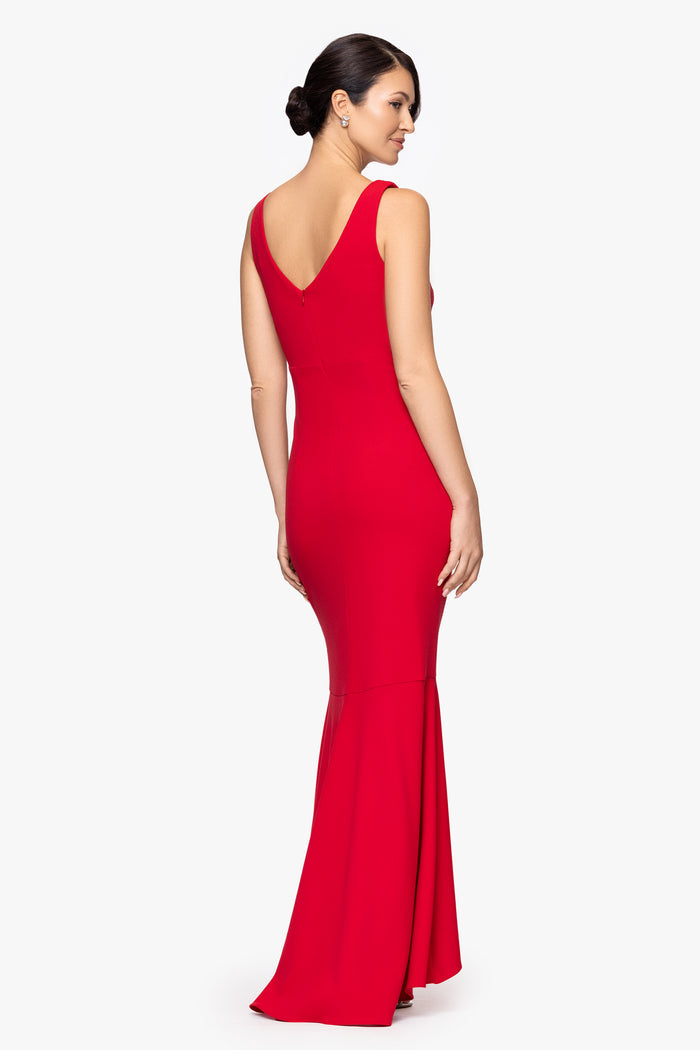 Betsy & Adam Women's Red Long V-Neck HI Low Cascade Gown Dress|Betsy & Adam In Lebanon