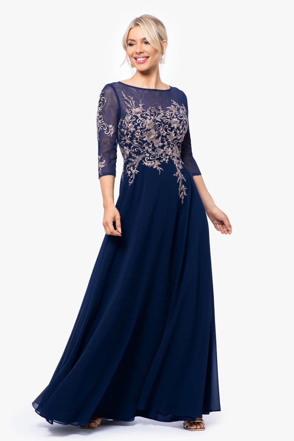 Betsy & Adam Women's Navy & Gold Floral Long Embroidery 3/4 Sleeve Dress | Betsy & Adam In Lebanon
