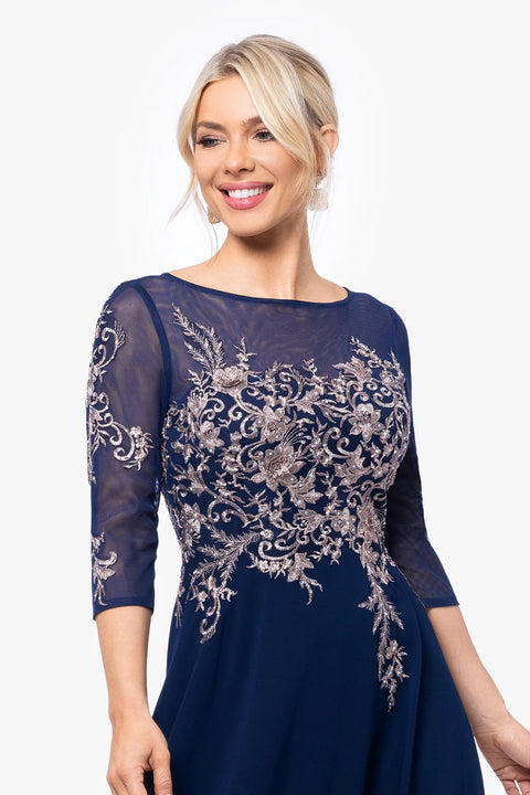 Betsy & Adam Women's Navy & Gold Floral Long Embroidery 3/4 Sleeve Dress | Betsy & Adam In Lebanon