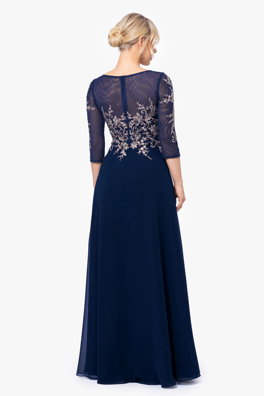 Betsy & Adam Women's Navy & Gold Floral Long Embroidery 3/4 Sleeve Dress | Betsy & Adam In Lebanon