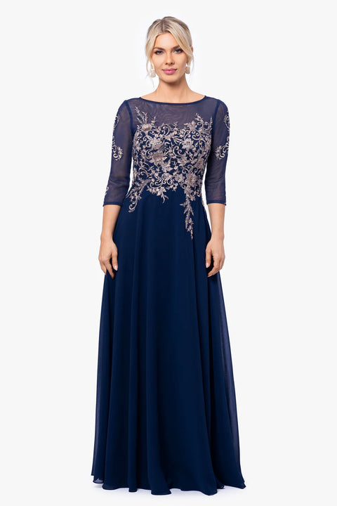 Betsy & Adam Women's Navy & Gold Floral Long Embroidery 3/4 Sleeve Dress | Betsy & Adam In Lebanon