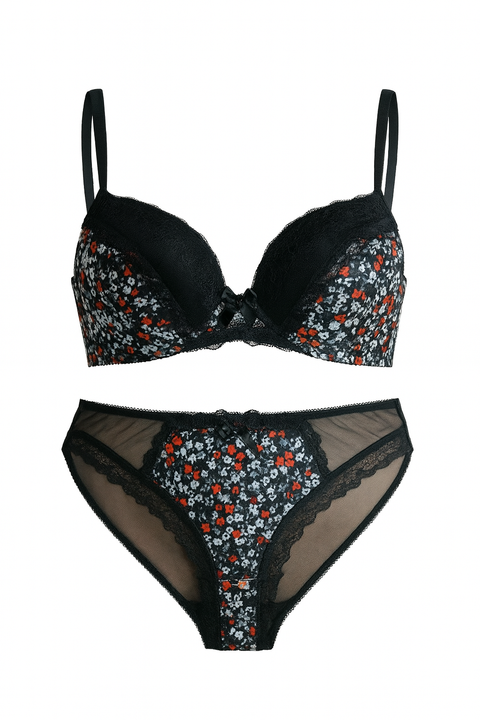 Demar Women's Black Floral Lace Lingerie Set Of Bra And Panties | Demar In Lebanon