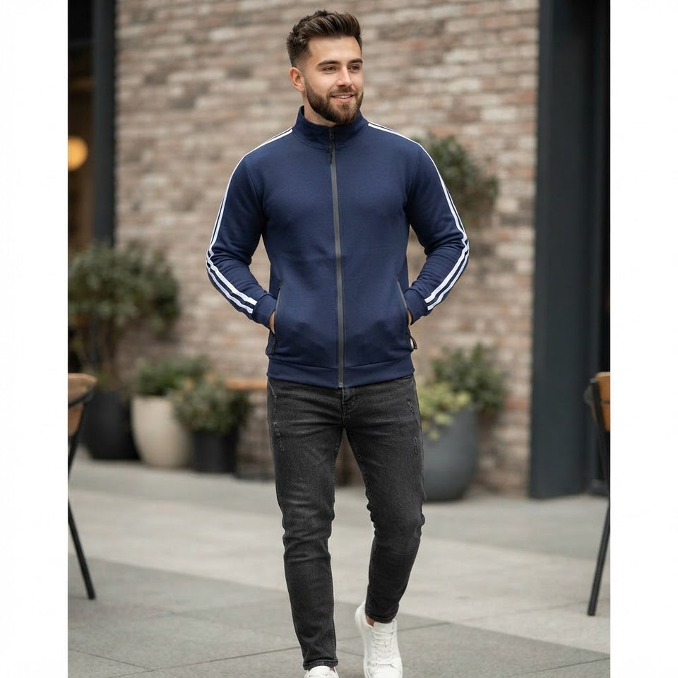 Galaxy Men's Dark Blue & White Striped Sleeves Athletic Jacket