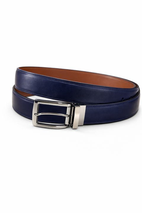 Navy leather belt with a silver buckle on a white background