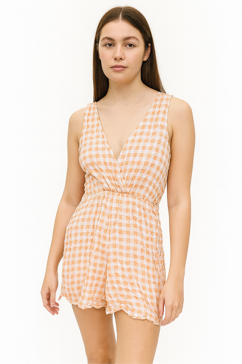 Forever 21 Women's Light Orange Sleeveless Checkered Romper | Forever 21 In Lebanon