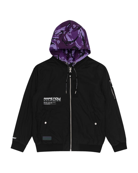 Black jacket with purple camouflage hood on a white background