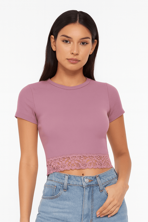 Hippie Rose Women's Purple Lace Trim Short-Sleeve Blouse | Hippie Rose In Lebanon