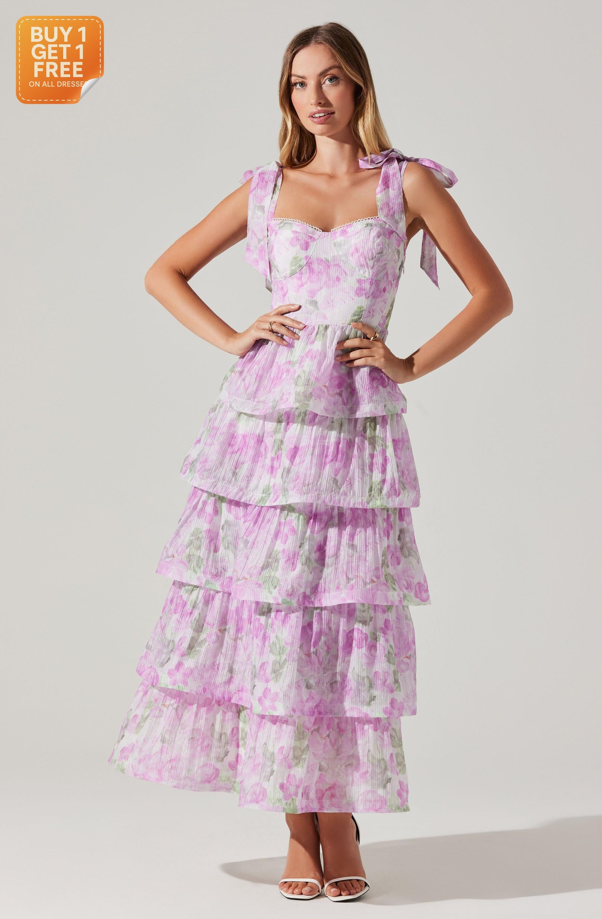 ASTR the Label Women's Lavender floral Tie Strap Tiered Dress  |ASTR the Label In Lebanon