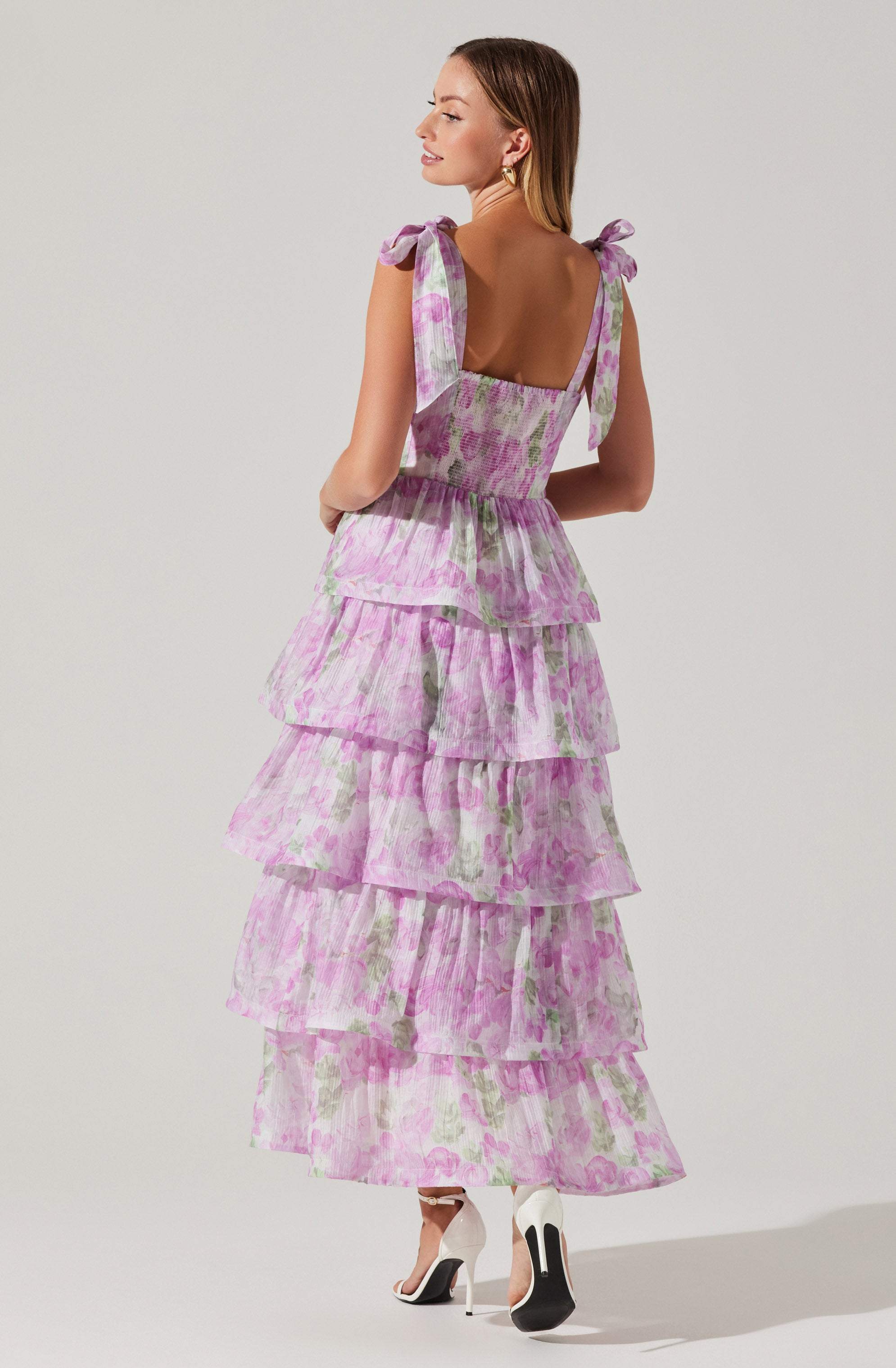 ASTR the Label Women's Lavender floral Tie Strap Tiered Dress  |ASTR the Label In Lebanon