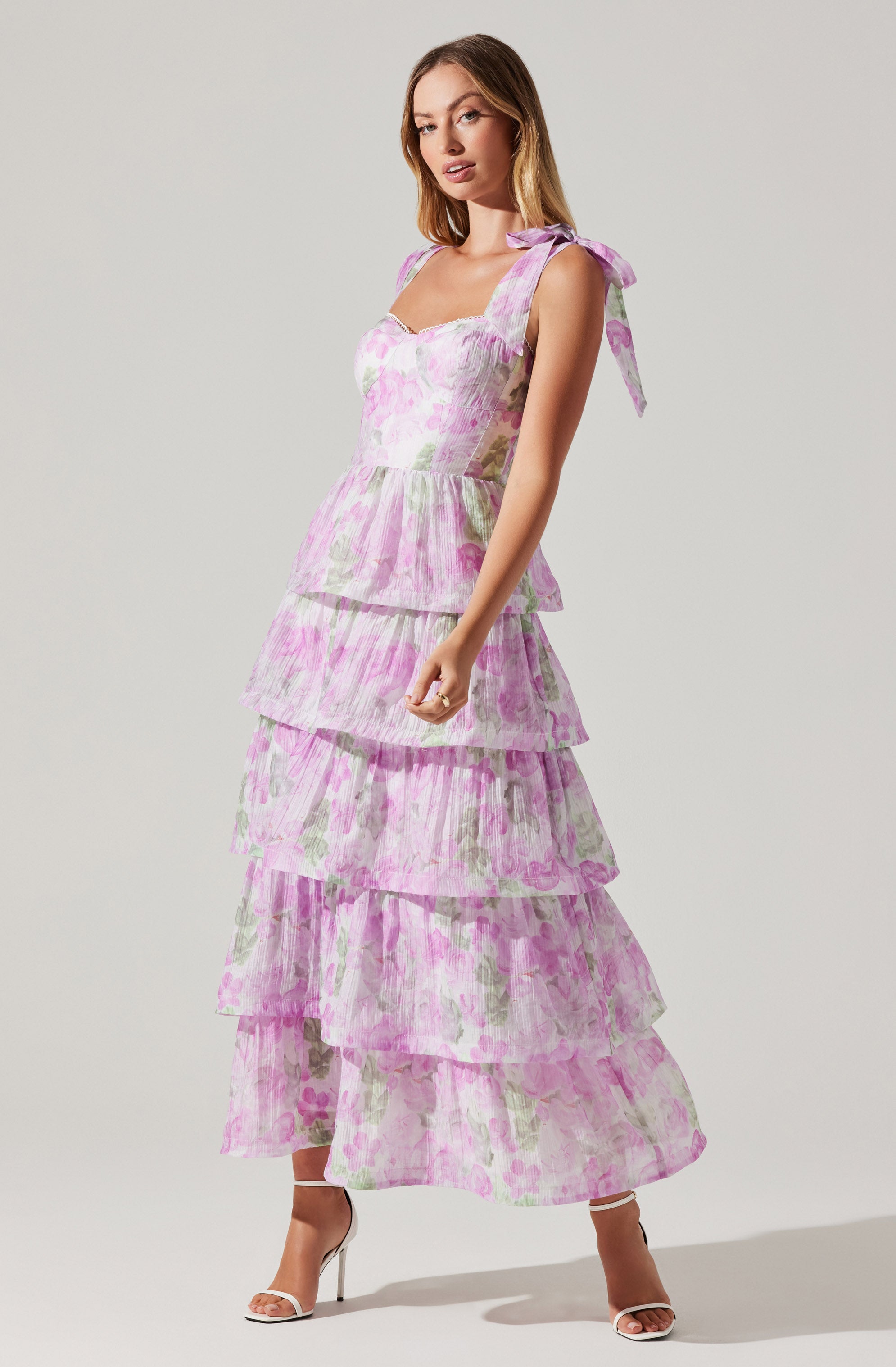 ASTR the Label Women's Lavender floral Tie Strap Tiered Dress  |ASTR the Label In Lebanon
