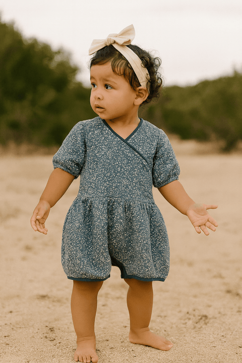 POMPdeLUX Girl's Dusty Blue Jessica Quilted Short Sleeve Dress | POMPdeLUX in Lebanon