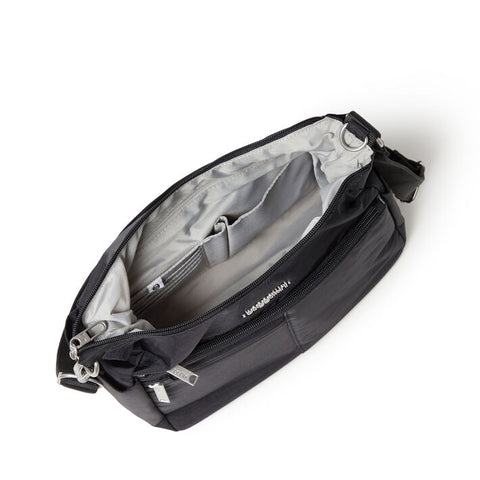 Black toiletry bag with interior compartments on a white background