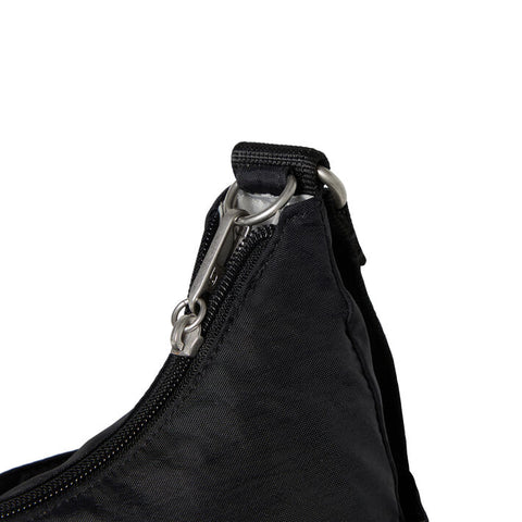 Close-up of a black bag with a zipper on a white background