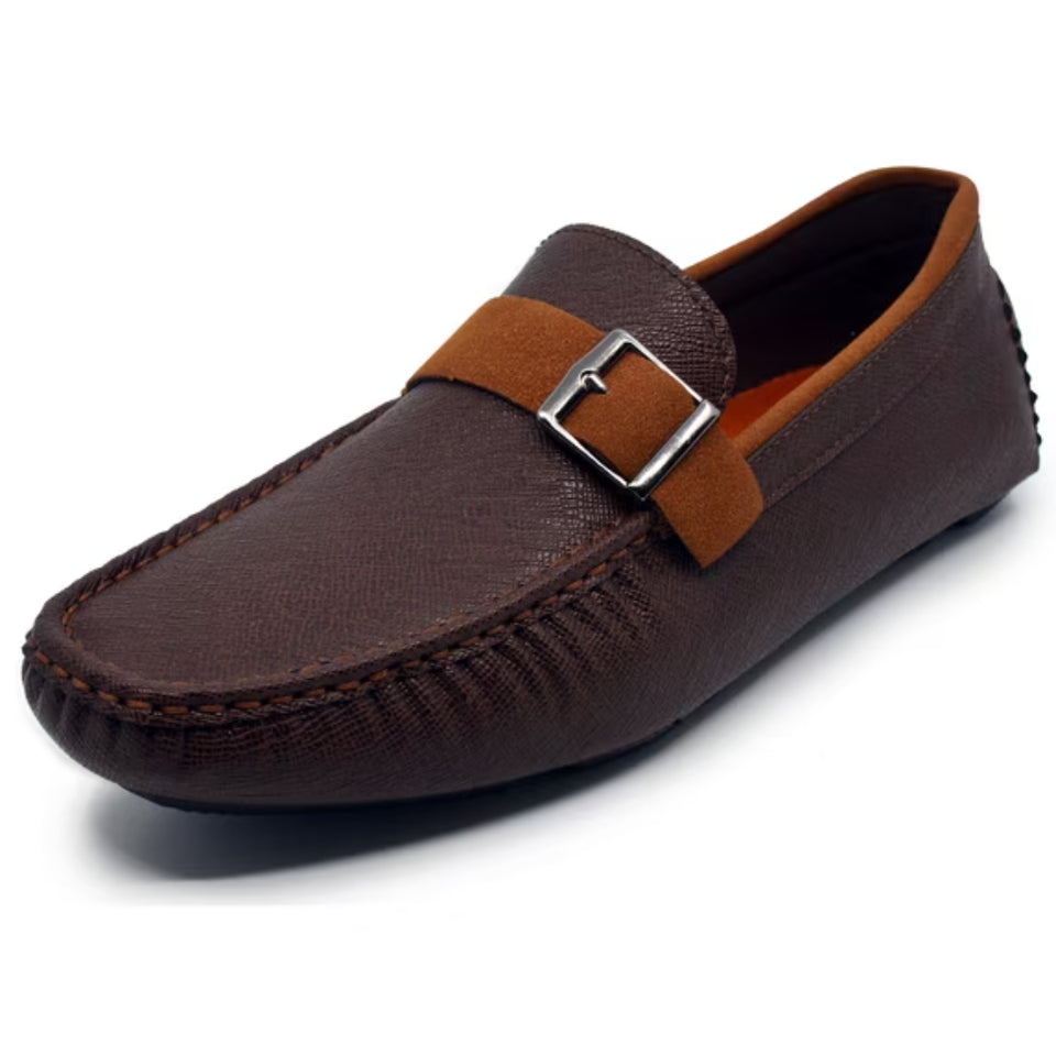 A dark brown textured leather driving loafer with a contrasting medium brown strap and a silver buckle, shown on a white background.