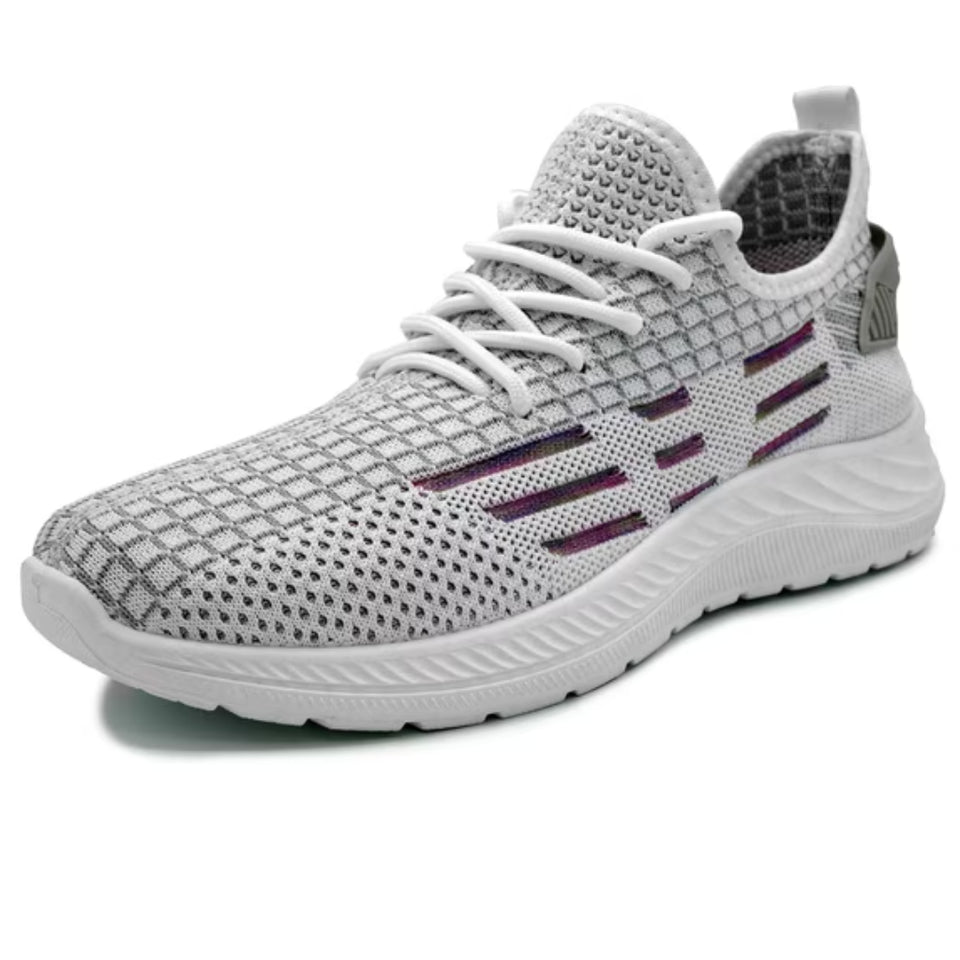 A light gray and white knit athletic sneaker with white laces and purple accent stripes on the side, shown against a plain white background.
