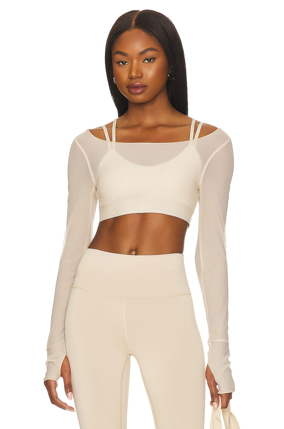 Alo Yoga Women's Beige Long Sleeve Crop Top | Alo Yogain Lebanon