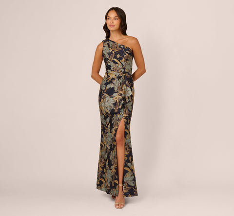 Adrianna Papell Women's Navy /Gold One Shoulder Jacquard  Dress| Adrianna Papell  in Lebanon