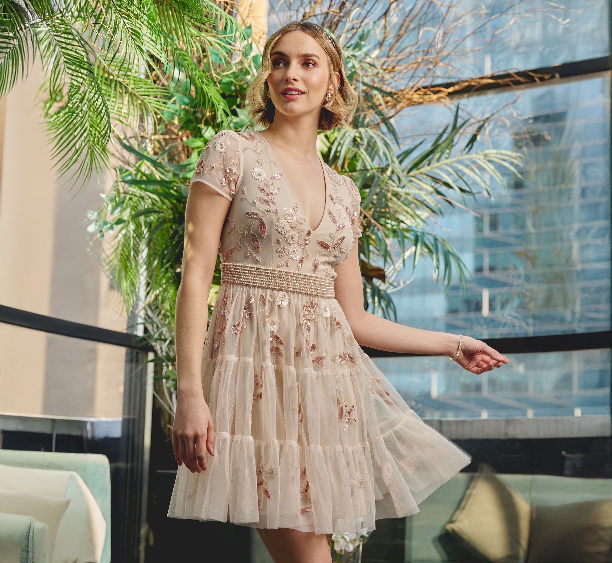 Adrianna Papell Women's Beige V-Neck Beaded Mesh Dress | Adrianna Papell In Lebanon