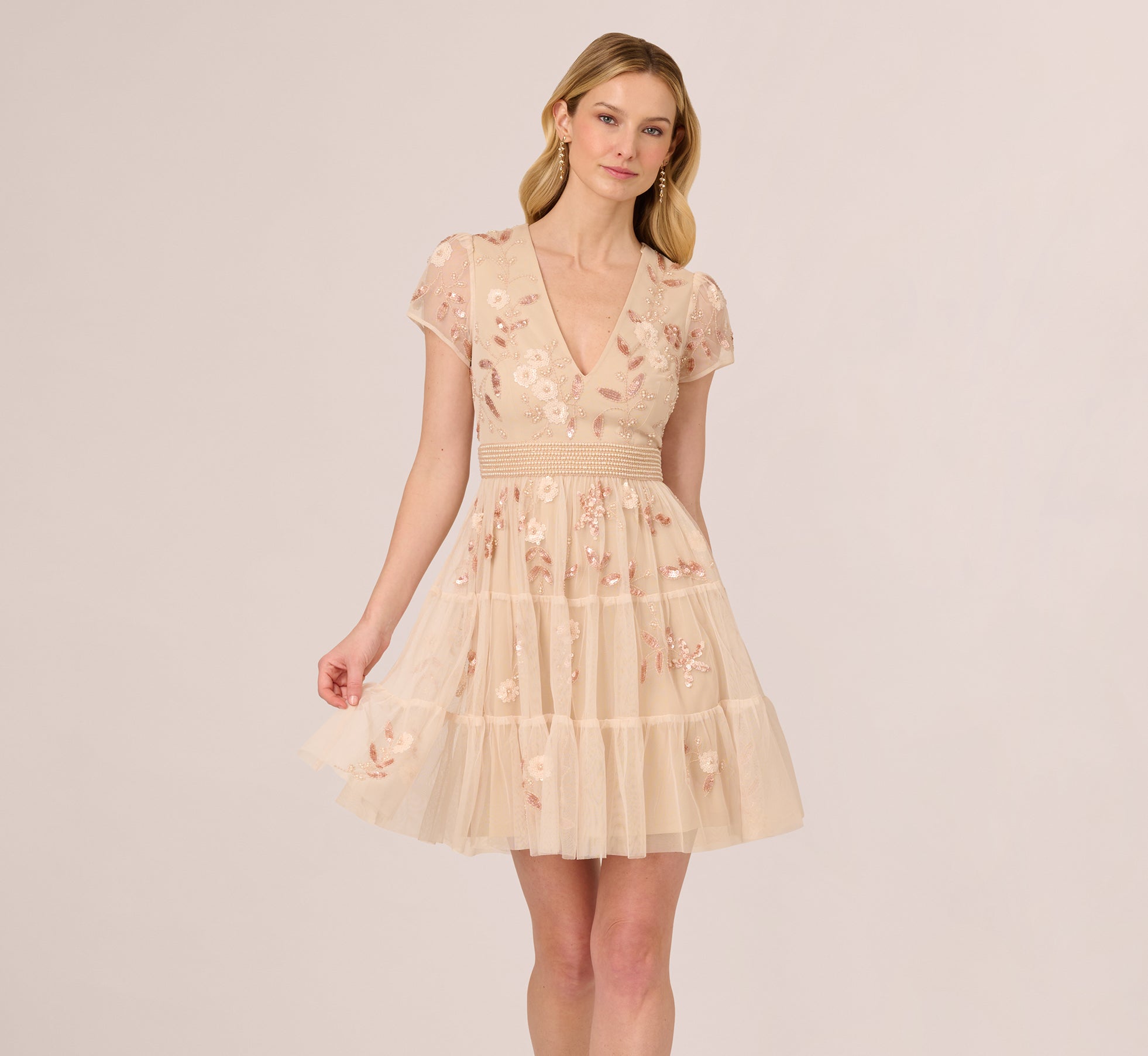 Adrianna Papell Women's Beige V-Neck Beaded Mesh Dress | Adrianna Papell In Lebanon
