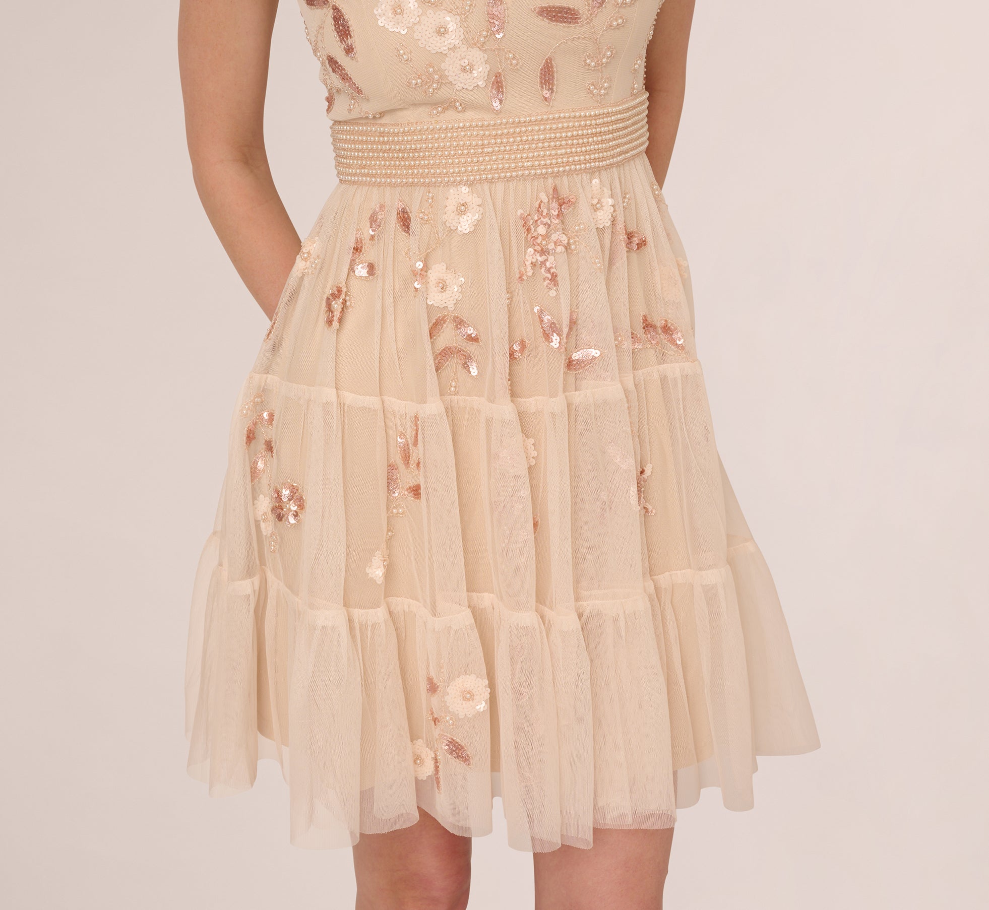 Adrianna Papell Women's Beige V-Neck Beaded Mesh Dress | Adrianna Papell In Lebanon