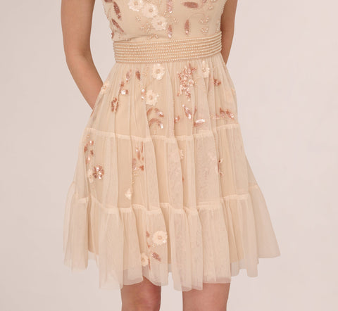 Adrianna Papell Women's Beige V-Neck Beaded Mesh Dress | Adrianna Papell In Lebanon