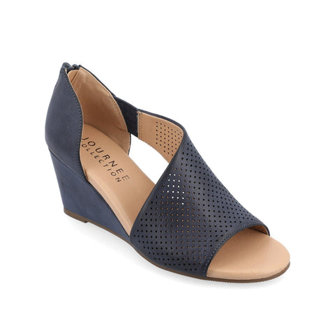 Journee Collection Women's Dark Blue Leather Aretha Wedge Heeled Sandal |Journee Collection In Lebanon