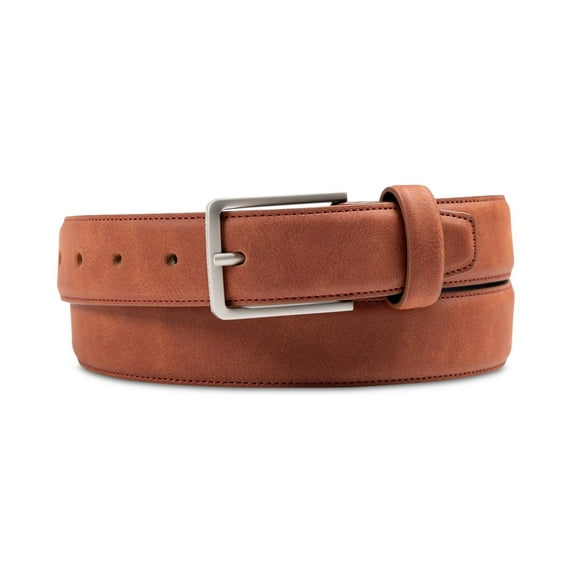 Brown leather belt with a silver buckle on a white background