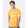 Man wearing a yellow tie-dye t-shirt on a white background