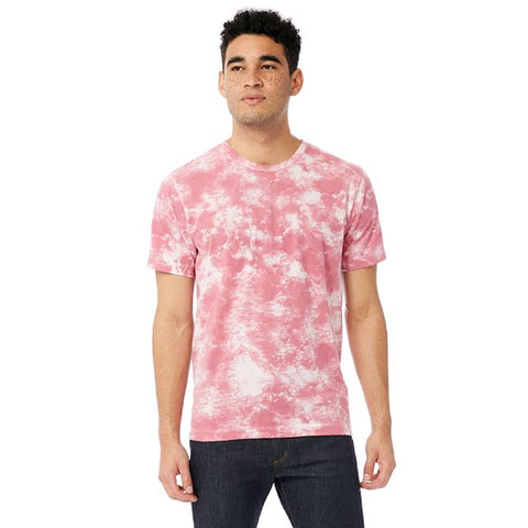 Man wearing a pink and white tie-dye t-shirt on a white background