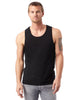 Man wearing a black tank top and gray pants on a white background