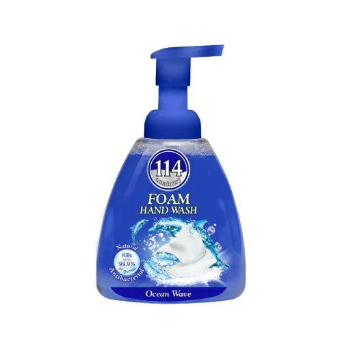 A blue pump bottle of 114 Amatoury Foam Hand Wash with 'Ocean Wave' scent, 400ml size.