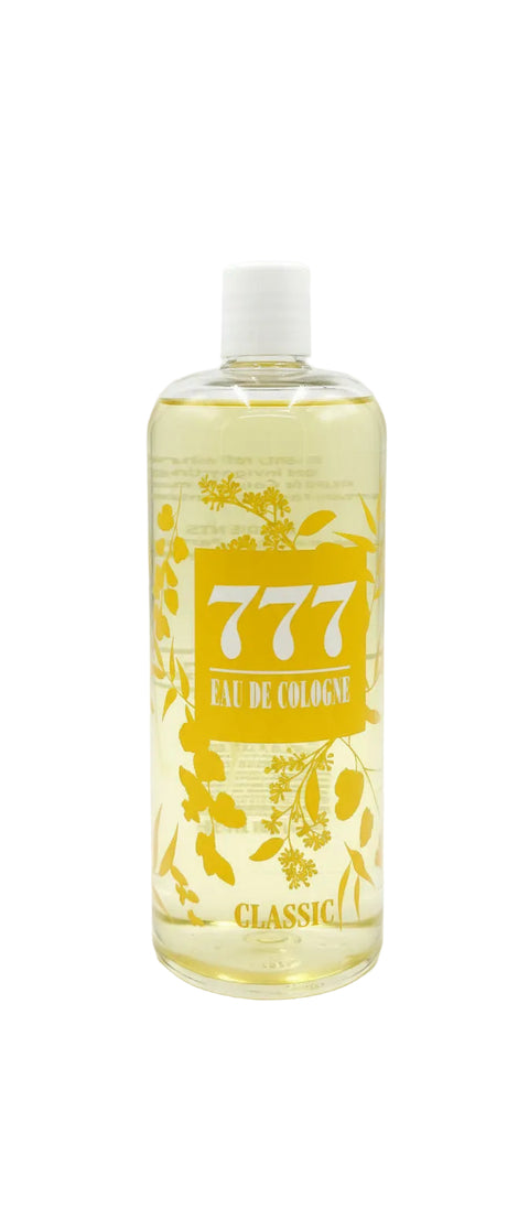 Bottle of 777 cologne on a surface with a blurred background