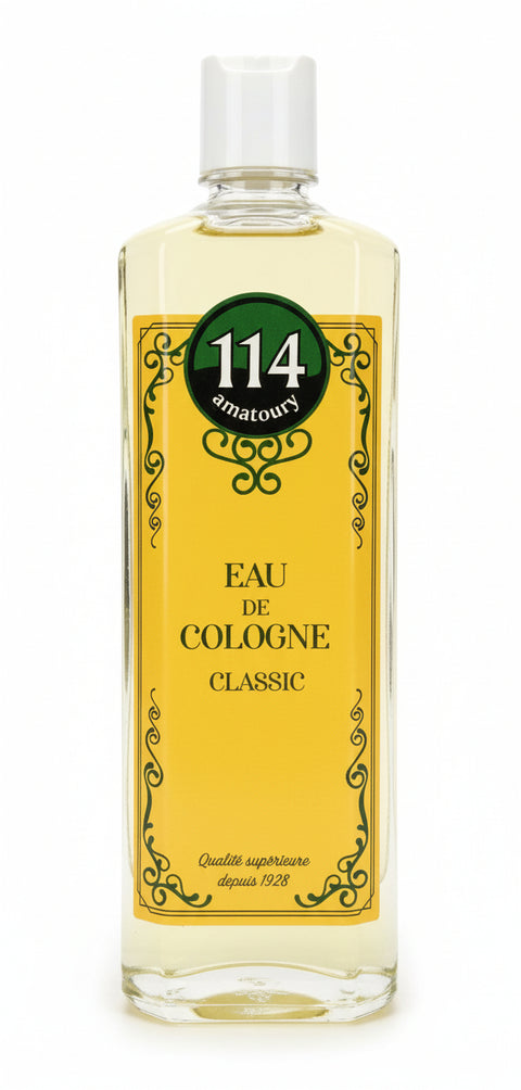 Bottle of 114 Amatours Eau de Cologne on a surface