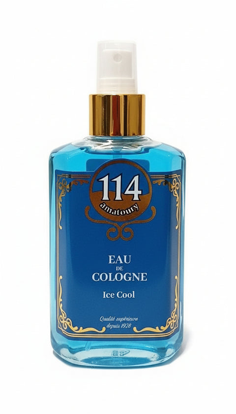 Blue cologne bottle labeled '114' with gold accents on a white surface.