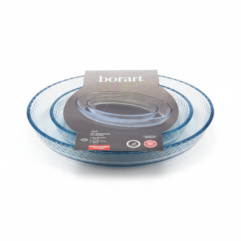 Glass bowl with a Borart label on a white background