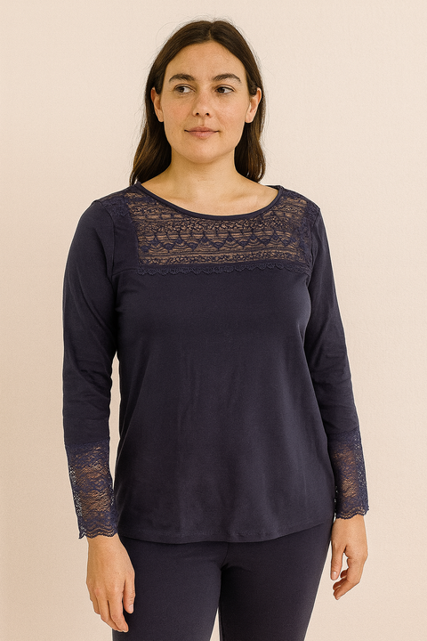 Demar Women's Navy Cotton & Lace Sleep Shirt| Demar In Lebanon