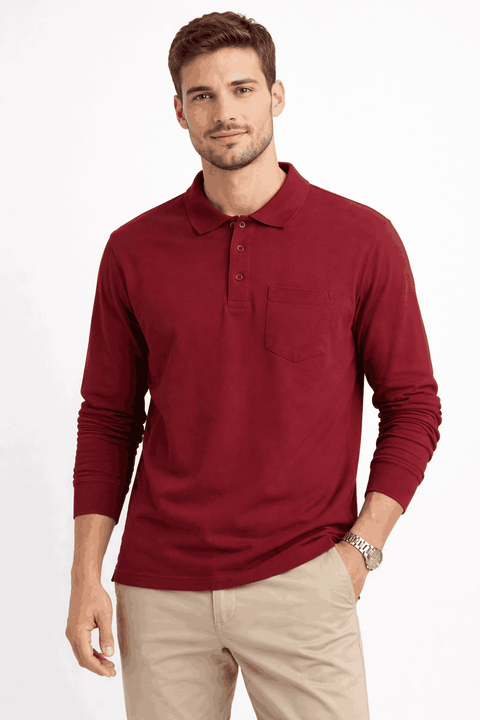 Celio Men's Burgundy 100% Cotton Chest Pocket Long Sleeves Polo Blouse | Celio In Lebanon