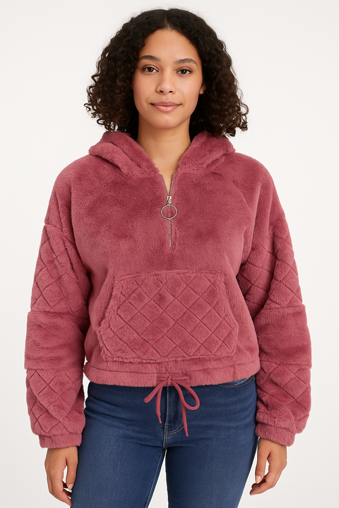 Crave Fame Women's Purple Faux-Fur Quarter-Zip Hoodie | Crave Fame In Lebanon