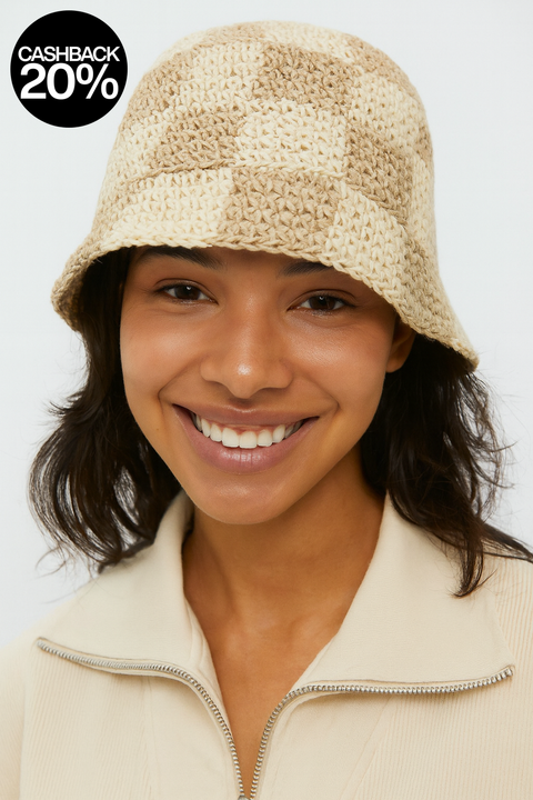 Forever 21 Women's Beige & Brown Checker Knit Bucket Hat | Forever 21 In Lebanon